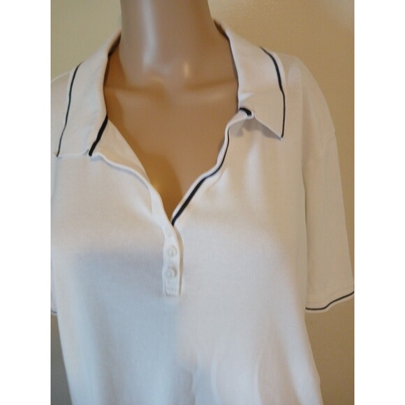 Jones New York Signature Women 2x White Polo/ Navy Trim Short Sleeve Cotton Top - Picture 10 of 14